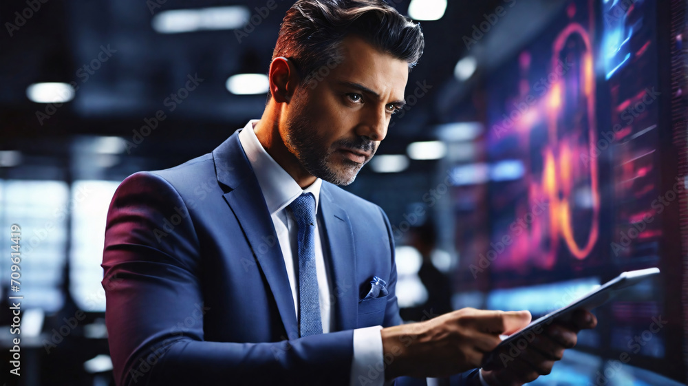 Poster businessman using a tablet to analyze large data sets in a time-sensitive scenario, such as a stock 