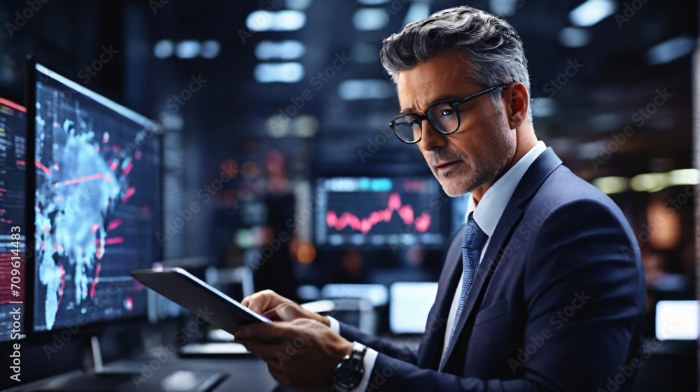 Poster businessman using a tablet to analyze large data sets in a time-sensitive scenario, such as a stock 