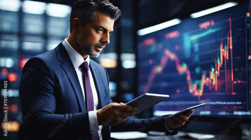 Poster businessman using a tablet to analyze large data sets in a time-sensitive scenario, such as a stock 
