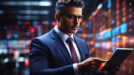 businessman using a tablet to analyze large data sets in a time-sensitive scenario, such as a stock market or a sports game, with a dynamic and energetic background that emphasizes the urgency - obrazy, fototapety, plakaty