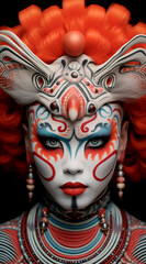 a woman in a colorful costume in indonesia, kabuki theater, detailed facial features, manticore, dark white and red. Japanese tradition. outfit. props