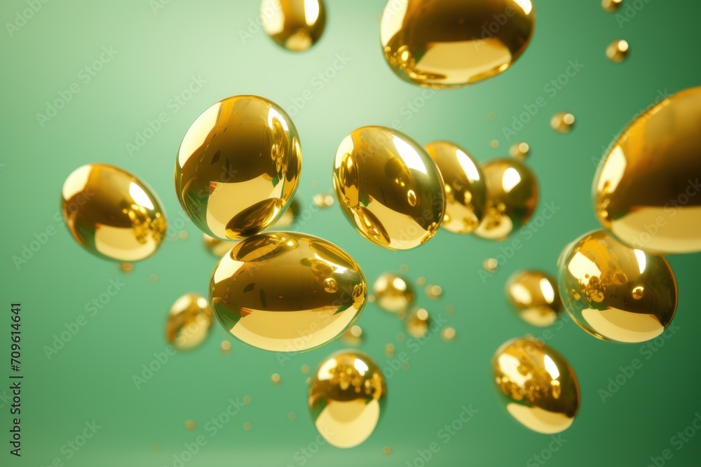 Poster a group of shiny gold balls floating in the air on a green background with a drop of water on the bo