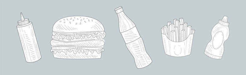 Hand Drawn Fast Food with Ketchup, French Fries, Hamburger and Coke Vector Set