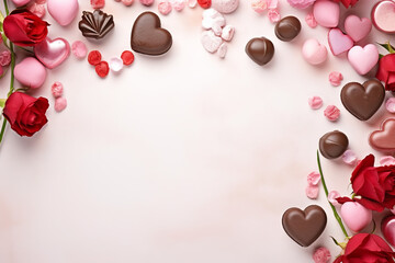 valentine's day flowers, hearts, chocolate on marble white background, top view, mockup