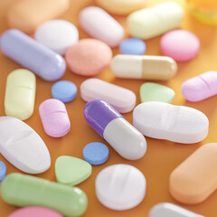 Assorted pills, tablets and capsules on colored background. Close up of medications.