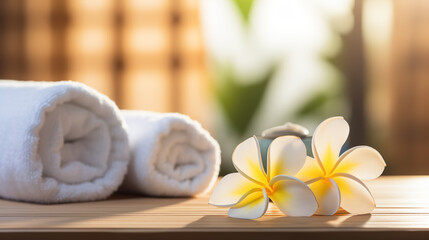 Obraz na płótnie Canvas Spa Essentials: Plumeria Flowers and Fluffy Towels for Relaxation
