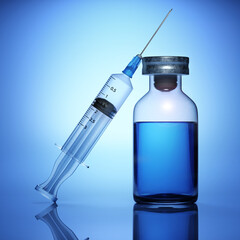 Sterile syringe leaning on transparent glass vial with blue liquid backlit on reflective surface. Prevention and treatment of infectious disease.