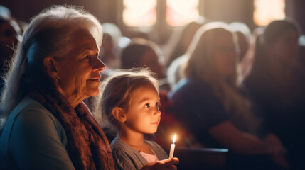 A heartwarming moment as a grandmother and her granddaughter participate in a candlelit service, surrounded by congregants.