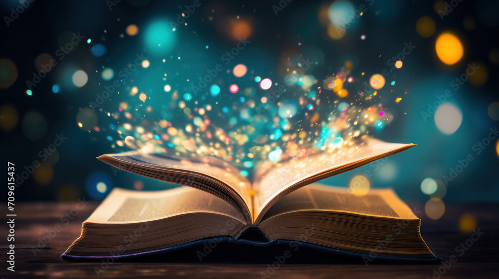 Aufkleber an open book casting a captivating spell with a sparkling bokeh effect, symbolizing the enchanting p
