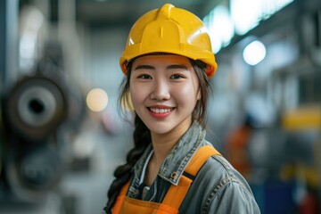 beauty happy smiling professional engineer with helmet in the factory