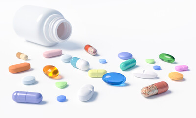 Open plastic bottle and different colorful medications scattered on white background.  Medicines therapy concept.