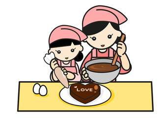 チョコレートケーキを作るママと女の子