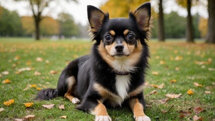 Black and tan long coat chihuahua dog in the park