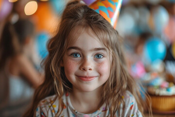 Fototapeta na wymiar Cute little girl in festive hat on birthday holiday