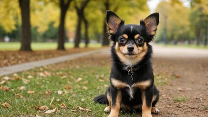 Naklejka na ściany i meble Black and tan long coat chihuahua dog in the park