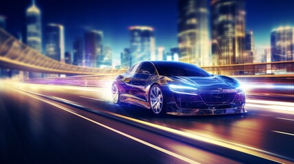 Fototapeta premium Blurred bokeh effect with futuristic car factory and electric vehicle innovation concepts