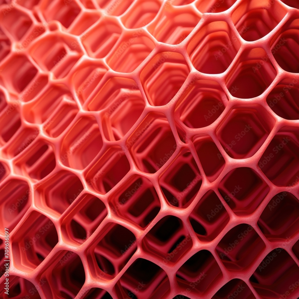 Poster a close up view of a pattern made of hexagonal shapes on a surface of red, orange, and pink.