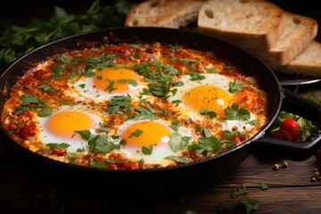  a skillet filled with eggs and garnished with parsley next to slices of bread on a wooden table.