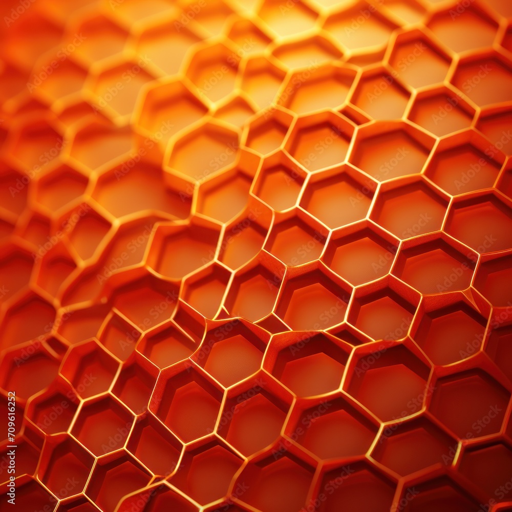 Poster a close up view of a hexagonal pattern of honeycombs in shades of orange, yellow, and red.