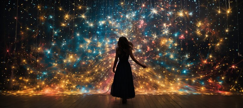 Energetic entertainment backdrop with vibrant stage lights and silhouettes in blurred bokeh effect