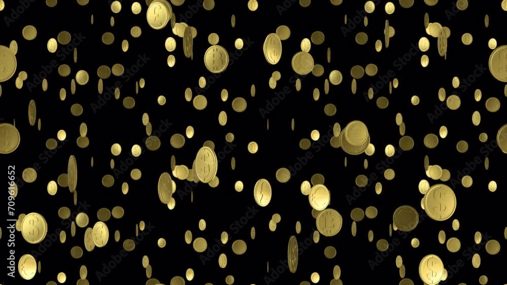 Aufkleber money gold coins loop tile falling with alpha. this dollar, euro, pound and bitcoin 3d animation wit