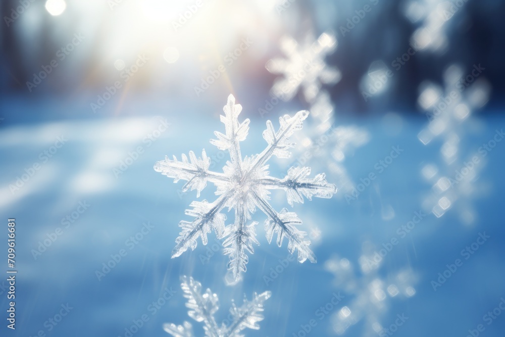Poster a close up of a snowflake with the sun shining in the background and a blurry image of snow flakes i