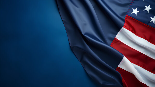 A close up of an American flag on a blue background with space