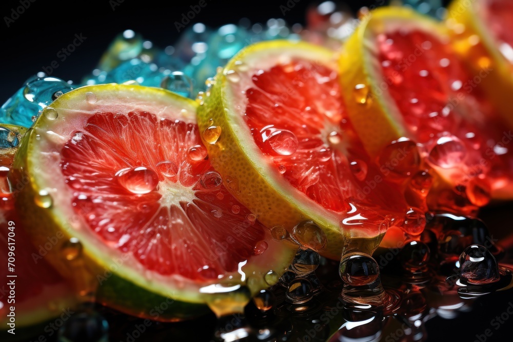Poster a close up of a grapefruit cut in half with water droplets on the top and bottom of the grapefruit.