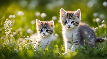 Cute fluffy kittens in the grass with small flowers - obrazy, fototapety, plakaty