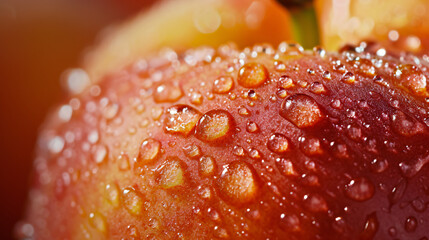 A close-up of a juicy peach with water droplets on its velvety skin placed against a soft-focus background.