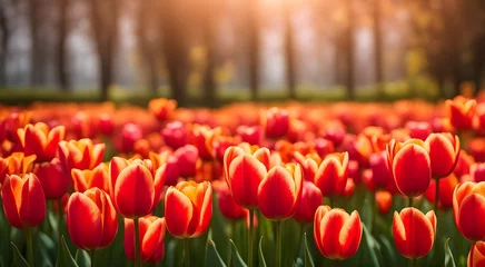 Fototapeten Blooming field with red tulips © barberry