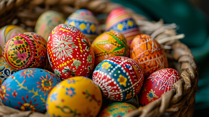 Fototapeta na wymiar A close-up of a variety of hand-painted Easter eggs with intricate patterns and vibrant colors displayed in a woven basket.