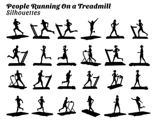 Vector collection of silhouettes of people running on a treadmill.