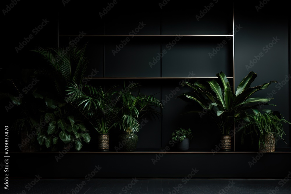 Poster a group of plants sitting on top of a shelf in front of a wall with a shelf on top of it.
