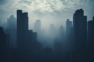 Fototapeta na wymiar Tall skyscraper buildings covered in gray smog