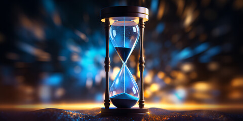 Blue backdrop hosts hourglass with streaming sand ready for text integration, closeup - obrazy, fototapety, plakaty