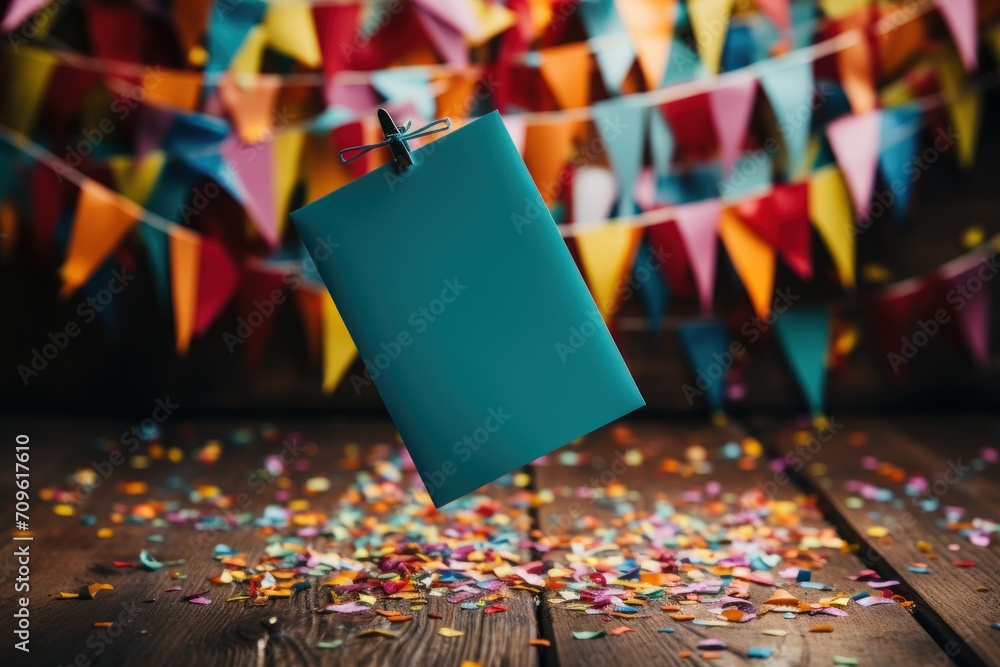 Poster a blue binder hanging from a string with confetti and streamers in front of a backdrop of colorful s