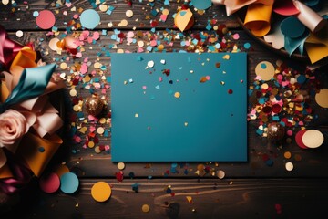  a blue card surrounded by confetti and streamers of confetti on a wooden surface with a blue card surrounded by confetti and confetti.