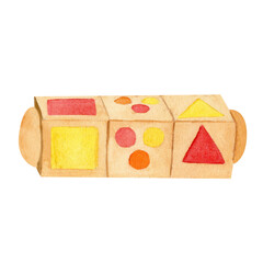Watercolor hand drawn illustration isolated on background. Wooden cubes on the axis for counting. Nursery decor, wood toys