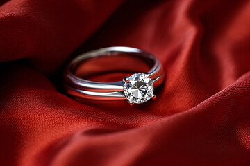Wedding ring with diamond on red fabric background