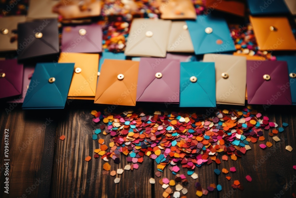Poster a table topped with lots of different colored envelopes covered in confetti and sprinkles on top of 