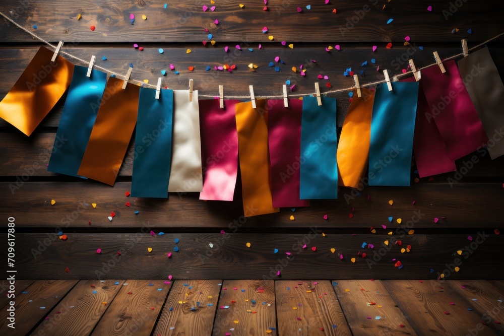 Poster a string of colored paper hanging from a clothes line with confetti scattered around it on a wooden 