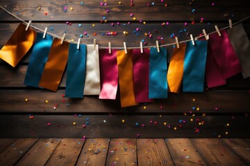  a string of colored paper hanging from a clothes line with confetti scattered around it on a wooden floor. - obrazy, fototapety, plakaty