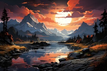  a painting of the sun setting over a mountain lake with a mountain range in the distance and trees in the foreground.