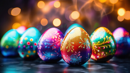 Hand-painted Easter eggs with intricate designs and patterns, illuminated by soft bokeh lights on a dark surface.