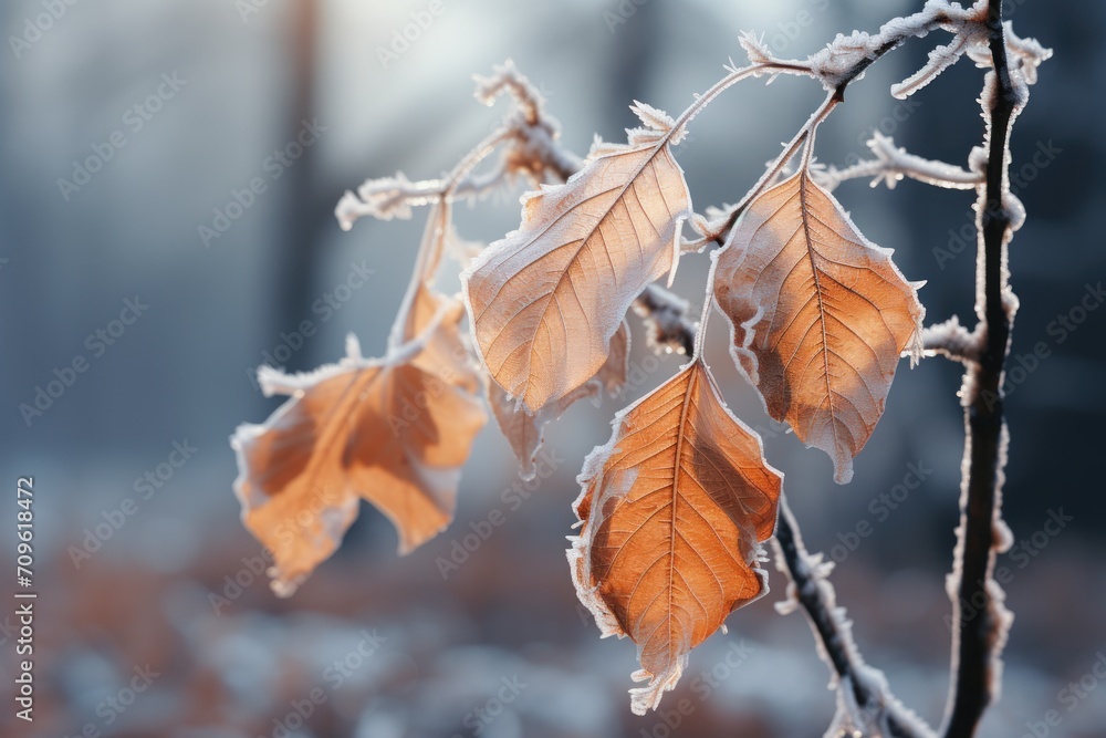 Poster a close up of a leaf on a tree with snow on the leaves and a blurry background of trees in the backg