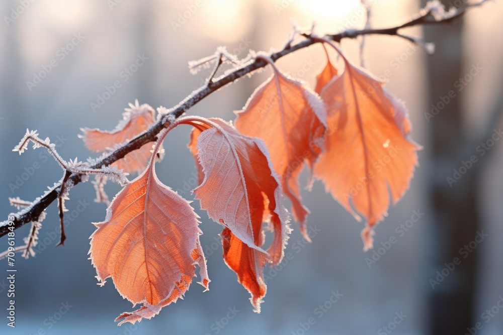 Poster a close up of a tree branch with frost on the leaves and the sun shining through the trees in the ba
