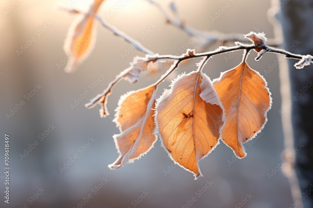 Poster a close up of a leaf on a tree branch with frost on the leaves and the sun shining in the background
