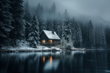  a cabin sits on the shore of a lake in the middle of a forest with snow on the ground and trees in the background. - obrazy, fototapety, plakaty