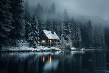 Foto op Aluminium  a cabin sits on the shore of a lake in the middle of a forest with snow on the ground and trees in the background. © Nadia